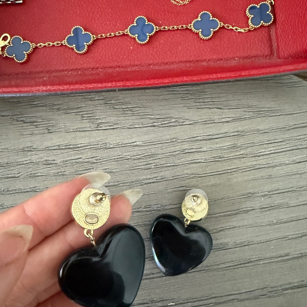 Chanel Black & Gold Heart Pearl CC Logo Drop Earrings - Picture 3 of 4